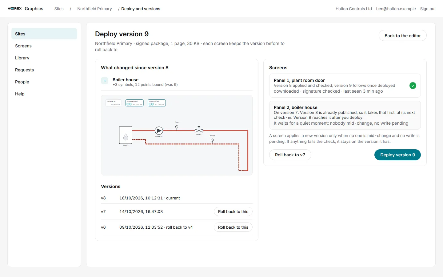 The portal deploy step, listing the screens that will receive version 9