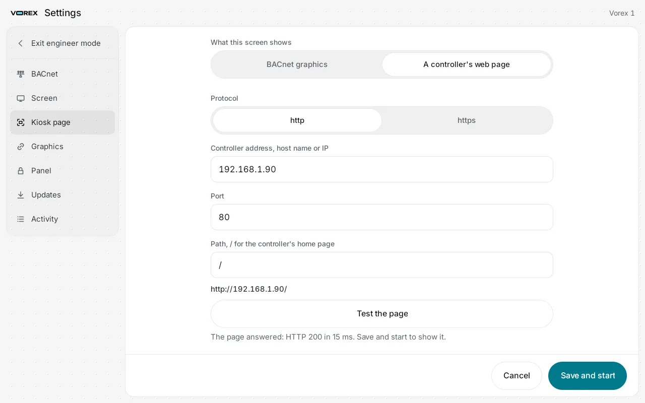 The Vorex App setup screen, choosing a controller's web page for the kiosk