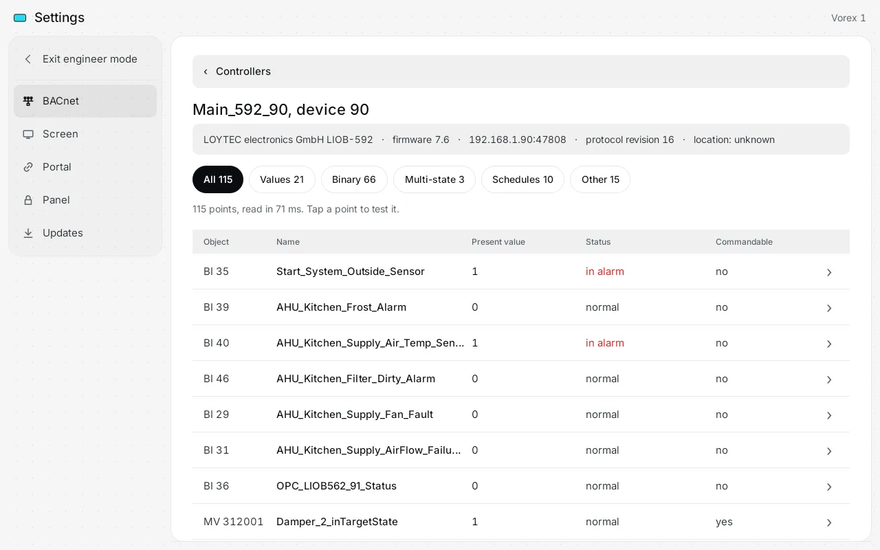 The Vorex App listing a controller's points after a network scan: object, name, present value, status and whether each can be commanded
