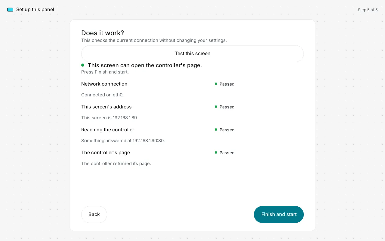 The Vorex App setup test: network connection, address, controller reached and its page returned, all passed